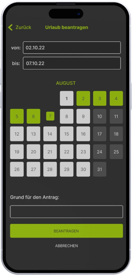 Ein iPhone mit einem Screenshot der Funktion Urlaub beantragen von azea